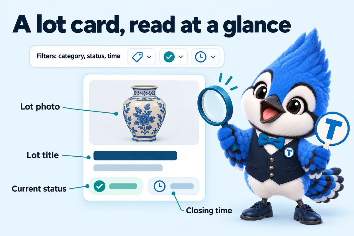 Infographic with Tiki the blue jay mascot: A lot card, read at a glance. Lot photo. Lot title. Current status. Closing time. Filters: category, status, time.