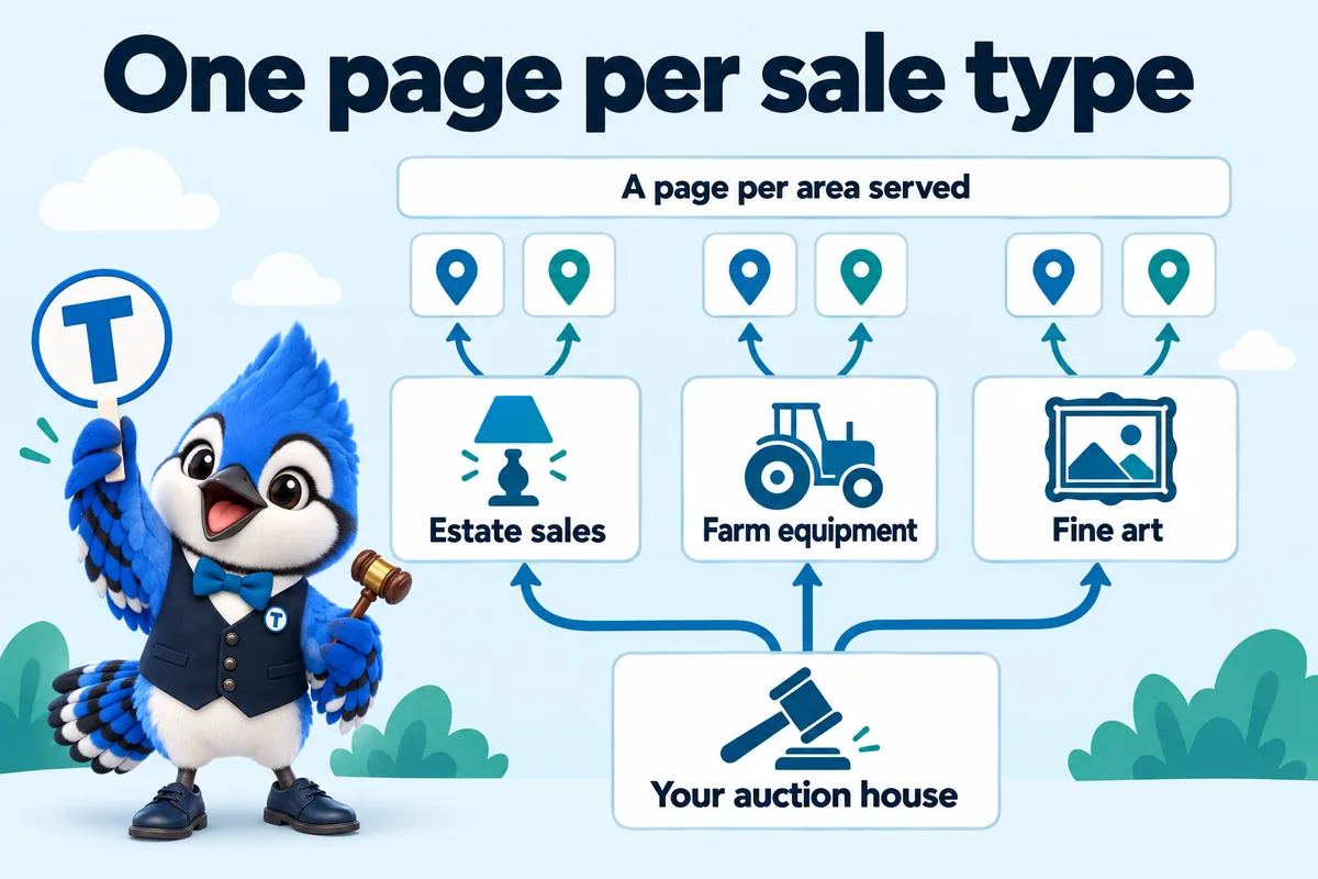 Infographic with Tiki the blue jay mascot: One page per sale type. Your auction house. Estate sales. Farm equipment. Fine art. A page per area served.