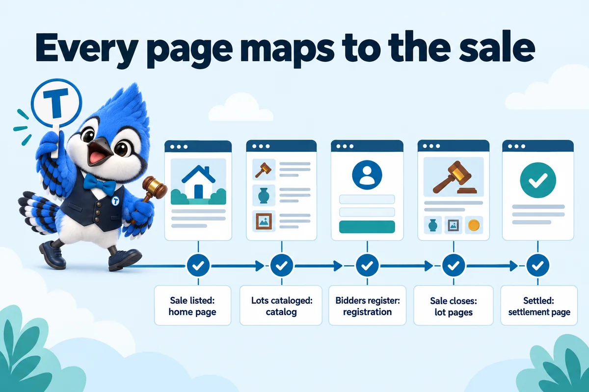 Infographic with Tiki the blue jay mascot: Every page maps to the sale. Sale listed: home page. Lots cataloged: catalog. Bidders register: registration. Sale closes: lot pages. Settled: settlement page.