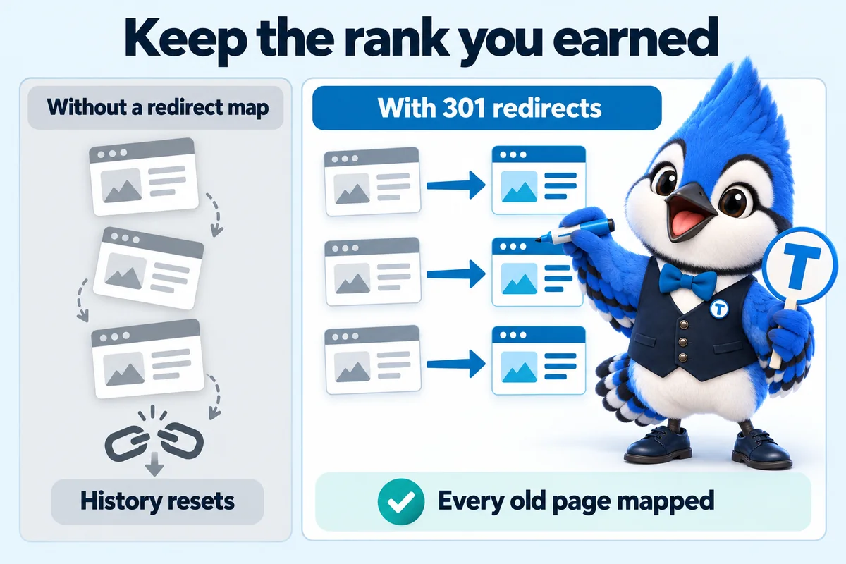 Infographic with Tiki the blue jay mascot: Keep the rank you earned. Without a redirect map: history resets. With 301 redirects: every old page mapped.