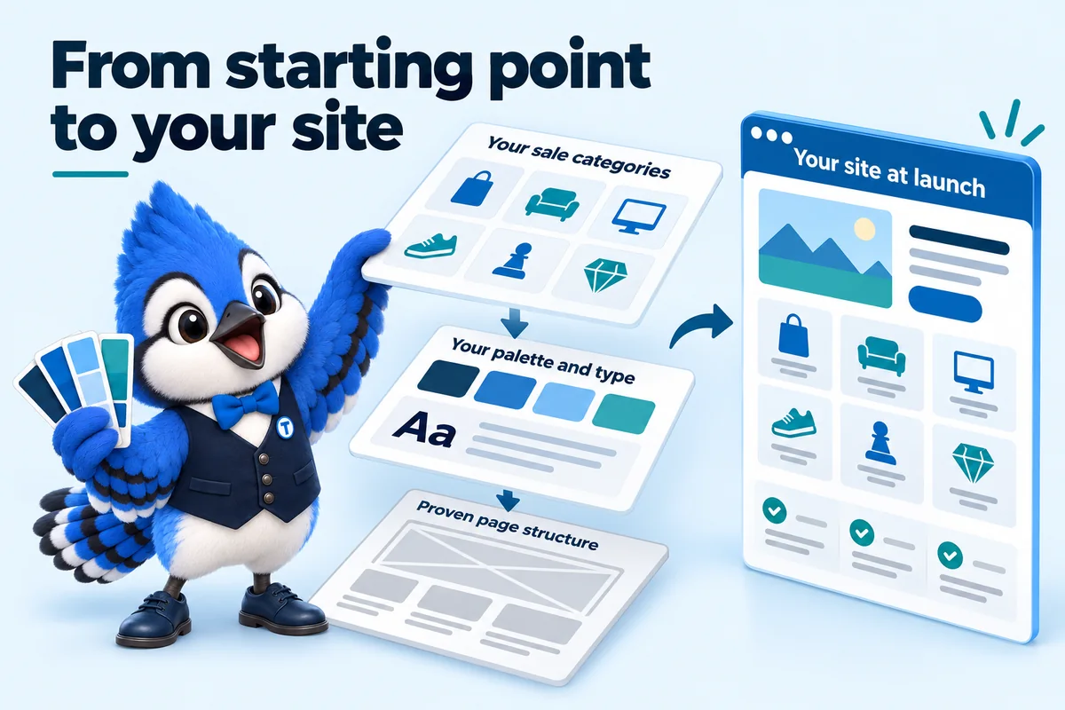 Infographic with Tiki the blue jay mascot: From starting point to your site. Proven page structure. Your palette and type. Your sale categories. Your site at launch.