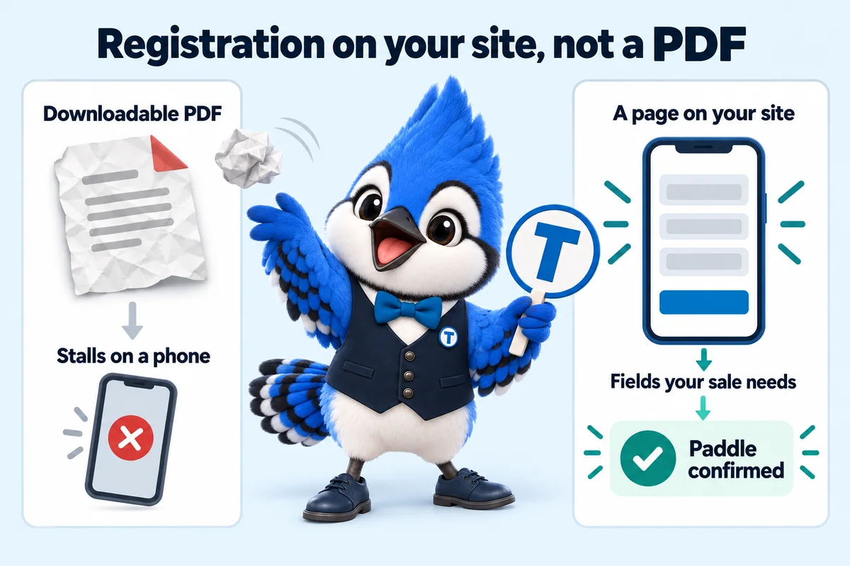 Infographic with Tiki the blue jay mascot: Registration on your site, not a PDF. Downloadable PDF. Stalls on a phone. A page on your site. Fields your sale needs. Paddle confirmed.