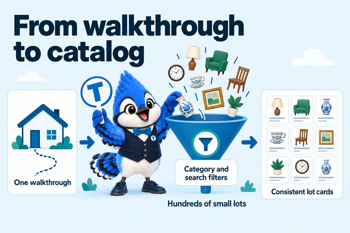 Infographic with Tiki the blue jay mascot: From walkthrough to catalog. One walkthrough. Hundreds of small lots. Category and search filters. Consistent lot cards.