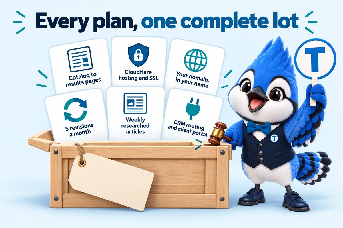 Infographic with Tiki the blue jay mascot: Every plan, one complete lot. Catalog to results pages. Cloudflare hosting and SSL. Your domain, in your name. 5 revisions a month. Weekly researched articles. CRM routing and client portal.
