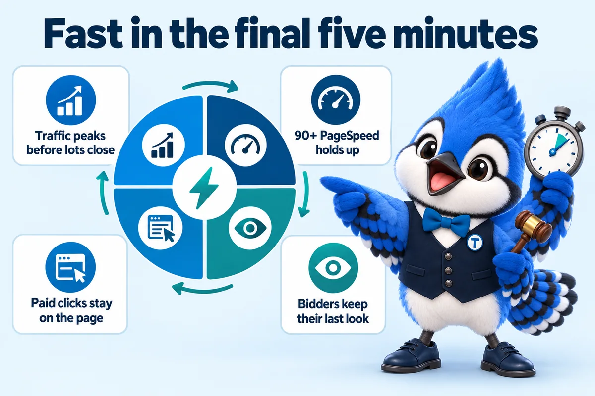 Infographic with Tiki the blue jay mascot: Fast in the final five minutes. Traffic peaks before lots close. 90+ PageSpeed holds up. Bidders keep their last look. Paid clicks stay on the page.