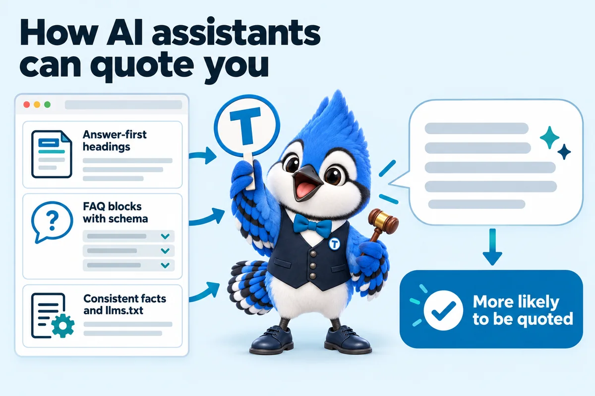 Infographic with Tiki the blue jay mascot: How AI assistants can quote you. Answer-first headings. FAQ blocks with schema. Consistent facts and llms.txt. More likely to be quoted.