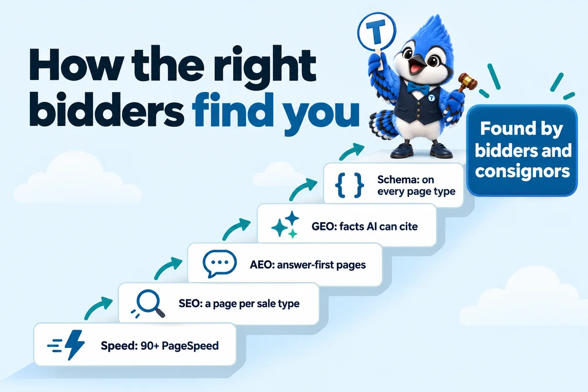 Infographic with Tiki the blue jay mascot: How the right bidders find you. Speed: 90+ PageSpeed. SEO: a page per sale type. AEO: answer-first pages. GEO: facts AI can cite. Schema: on every page type. Found by bidders and consignors.