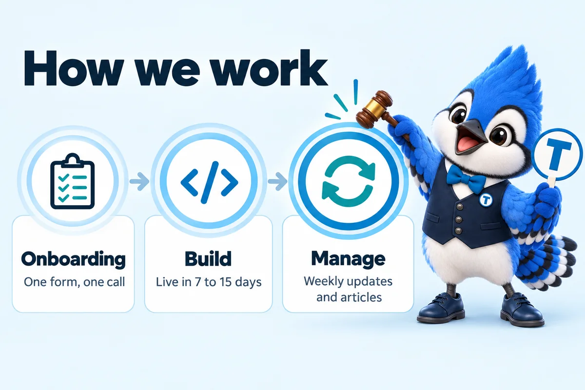 Infographic with Tiki the blue jay mascot: How we work. Onboarding: one form, one call. Build: live in 7 to 15 days. Manage: weekly updates and articles.