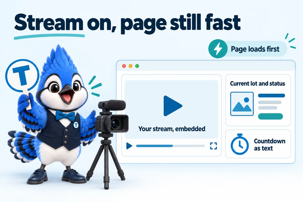 Infographic with Tiki the blue jay mascot: Stream on, page still fast. Your stream, embedded. Current lot and status. Countdown as text. Page loads first.