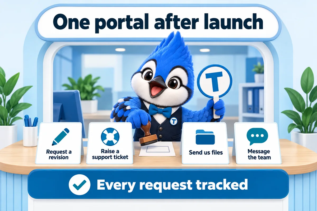 Infographic with Tiki the blue jay mascot: One portal after launch. Request a revision. Raise a support ticket. Send us files. Message the team. Every request tracked.