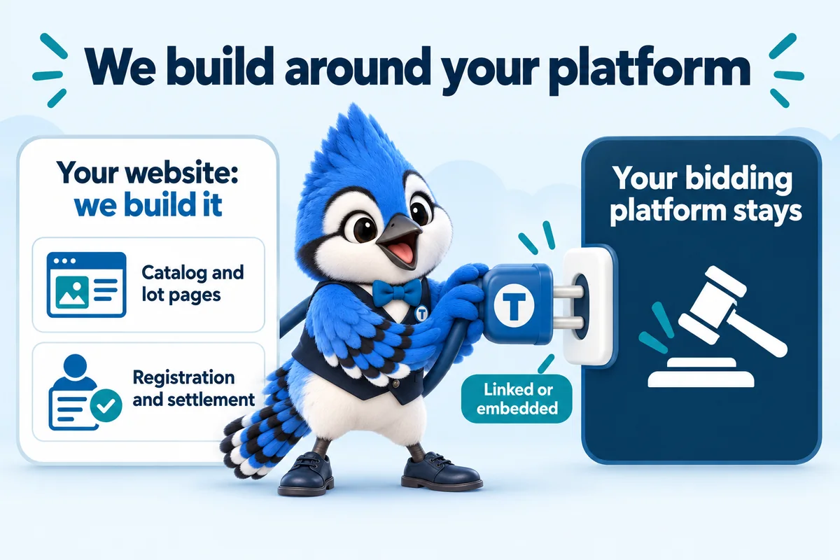 Infographic with Tiki the blue jay mascot: We build around your platform. Your website: we build it. Catalog and lot pages. Registration and settlement. Linked or embedded. Your bidding platform stays.