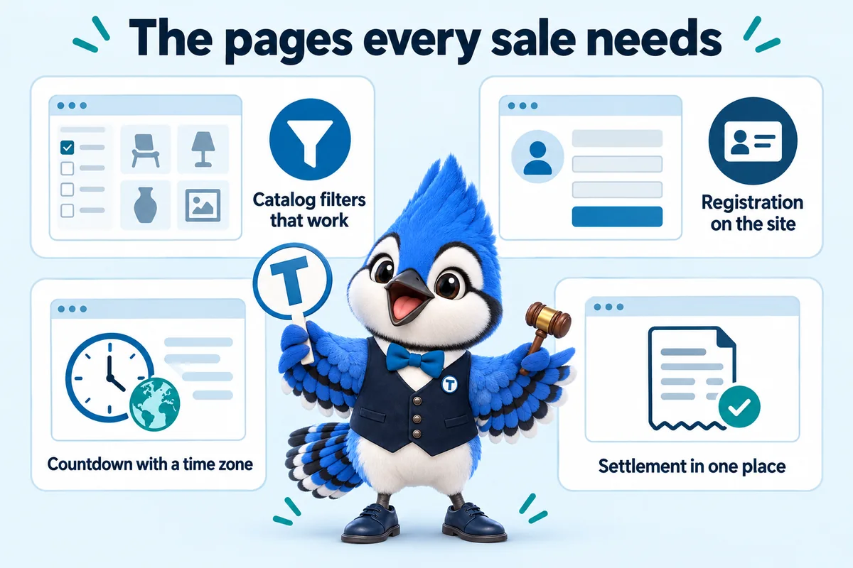 Infographic with Tiki the blue jay mascot: The pages every sale needs. Catalog filters that work. Registration on the site. Countdown with a time zone. Settlement in one place.