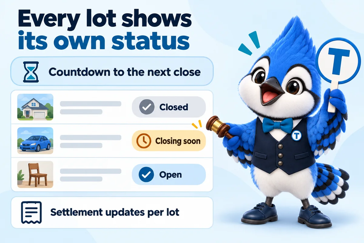Infographic with Tiki the blue jay mascot: Every lot shows its own status. Closed. Closing soon. Open. Countdown to the next close. Settlement updates per lot.