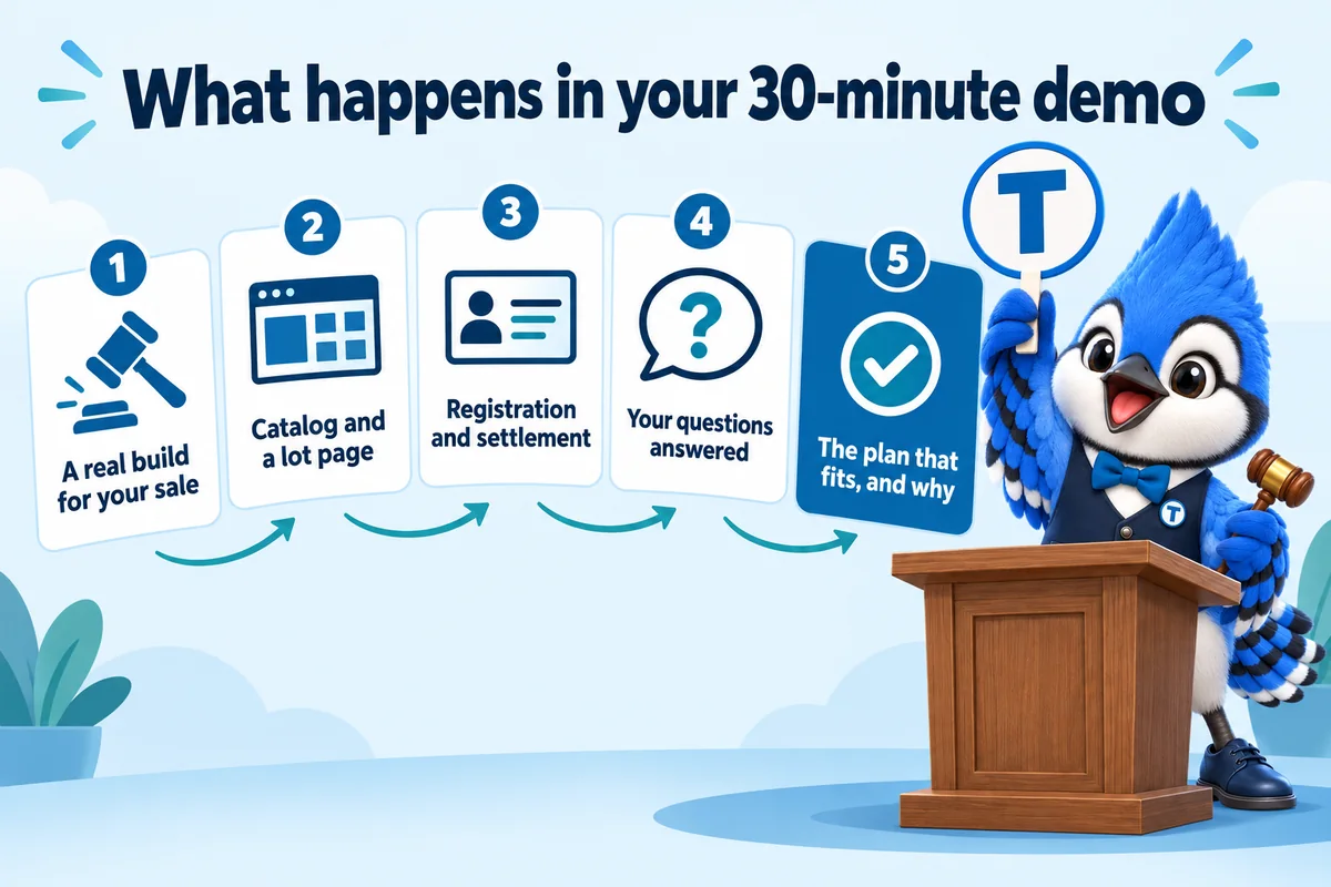 Infographic with Tiki the blue jay mascot: What happens in your 30-minute demo. A real build for your sale. Catalog and a lot page. Registration and settlement. Your questions answered. The plan that fits, and why.