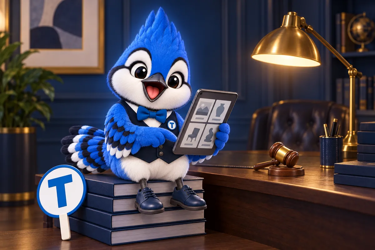 Tiki, the blue jay mascot, sitting on a stack of sale catalogs at a studio desk, looking at lots on a tablet, with his T paddle and a gavel