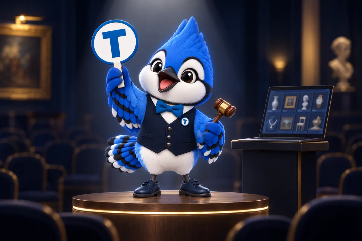 Tiki, the BidWebStudio blue jay mascot, on a lit podium in a dark saleroom, raising a bidder paddle with a T and holding a gavel beside a laptop of lots