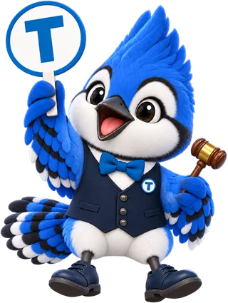 Tiki, the BidWebStudio blue jay mascot, perched on the example lot panel, raising his T paddle and calling the lot