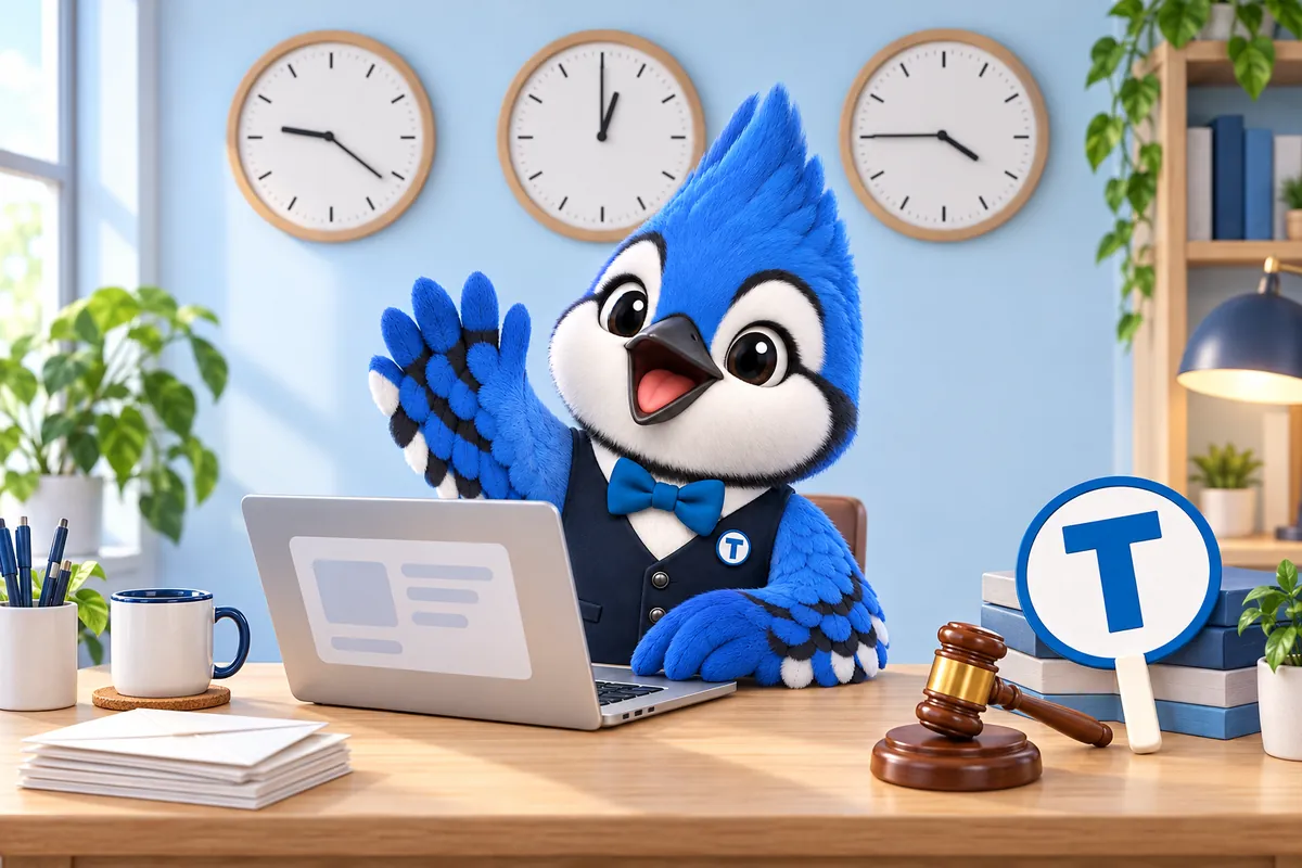 Tiki, the BidWebStudio blue jay mascot, typing a reply on a laptop and waving, under three wall clocks set to different times